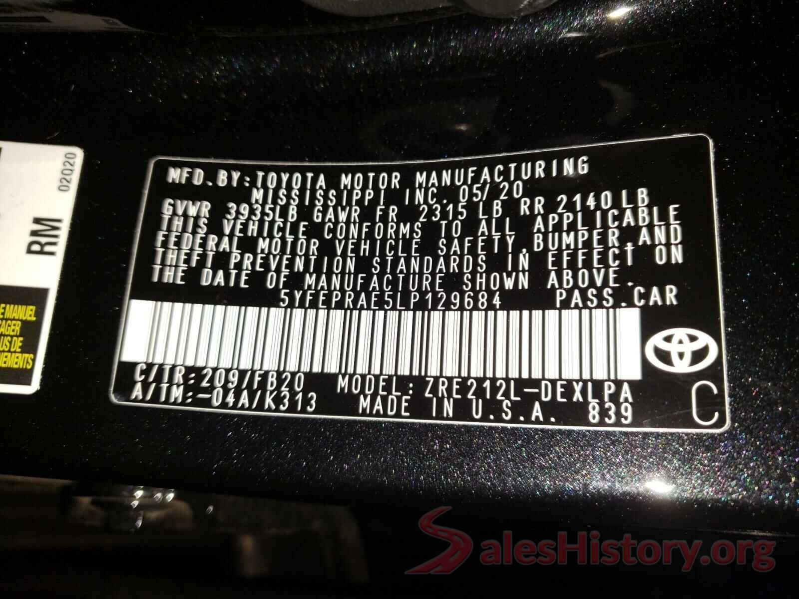 5YFEPRAE5LP129684 2020 TOYOTA COROLLA