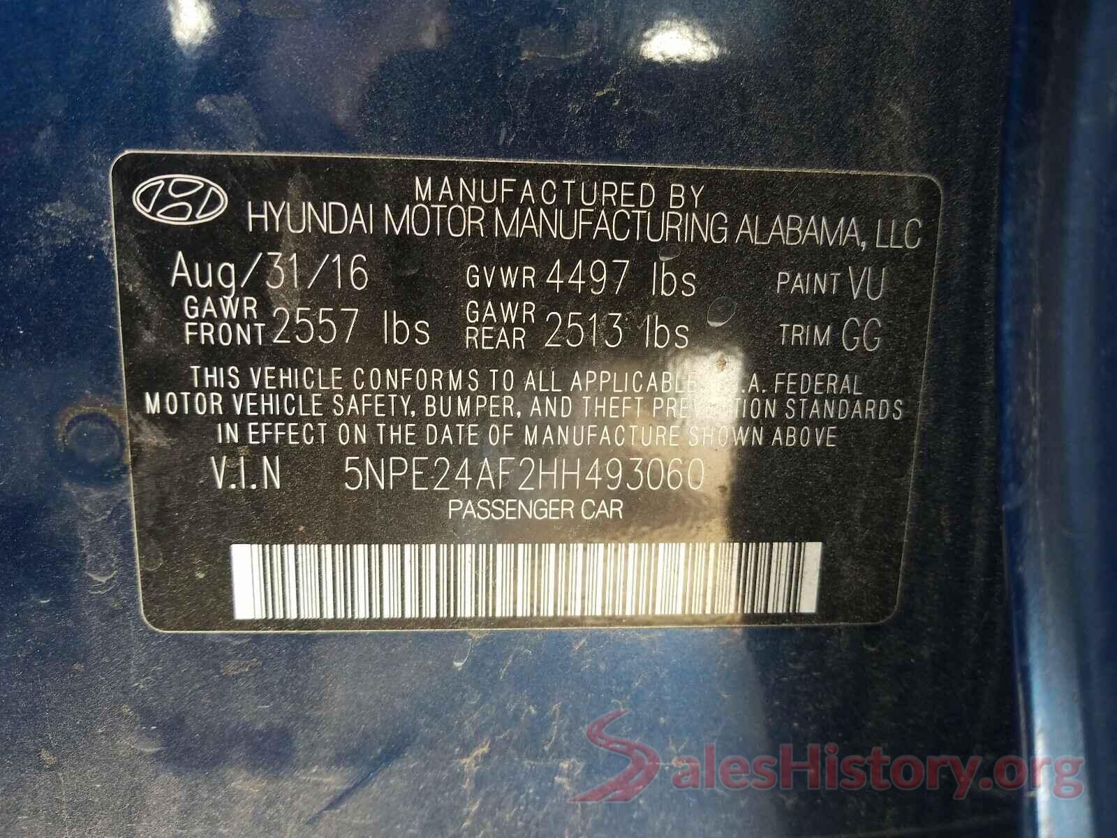 5NPE24AF2HH493060 2017 HYUNDAI SONATA