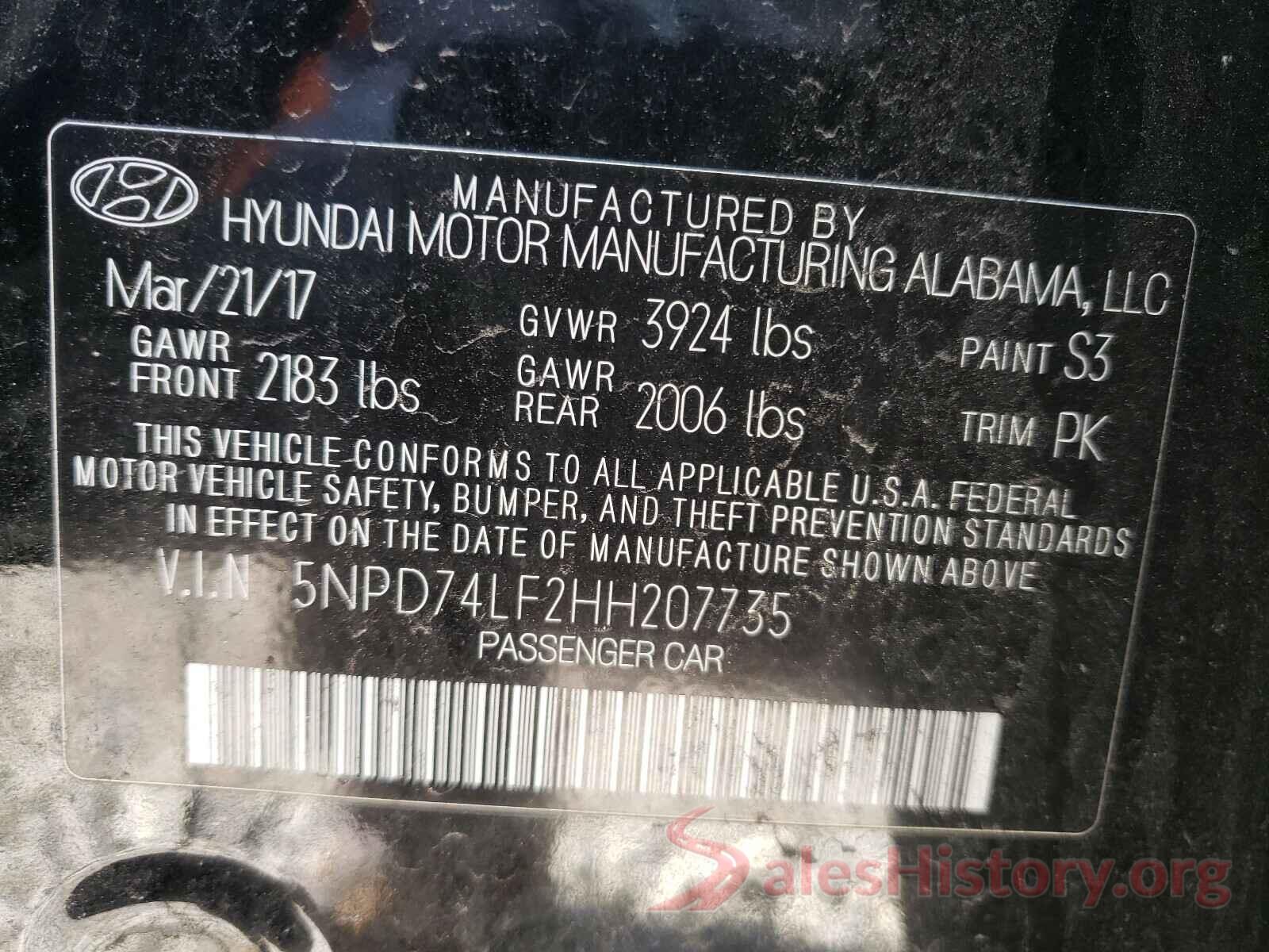 5NPD74LF2HH207735 2017 HYUNDAI ELANTRA