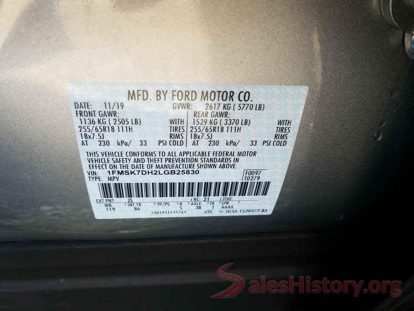 1FMSK7DH2LGB25830 2020 FORD EXPLORER