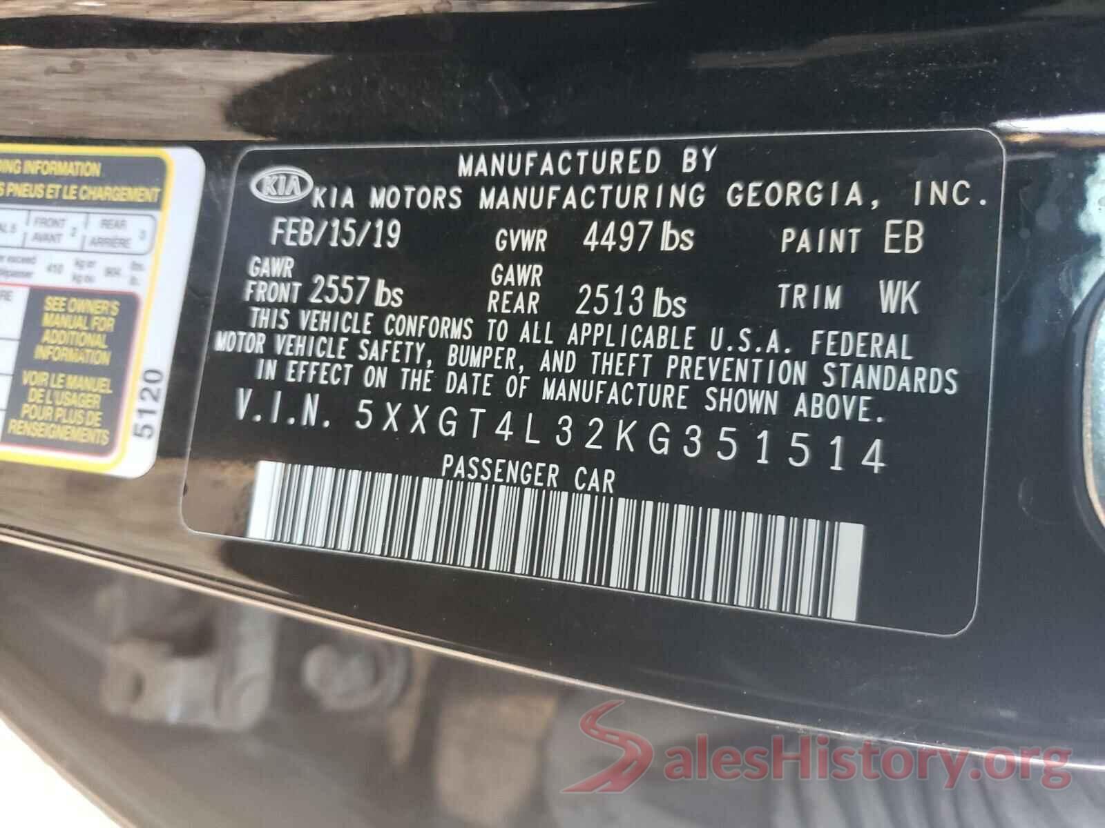 5XXGT4L32KG351514 2019 KIA OPTIMA