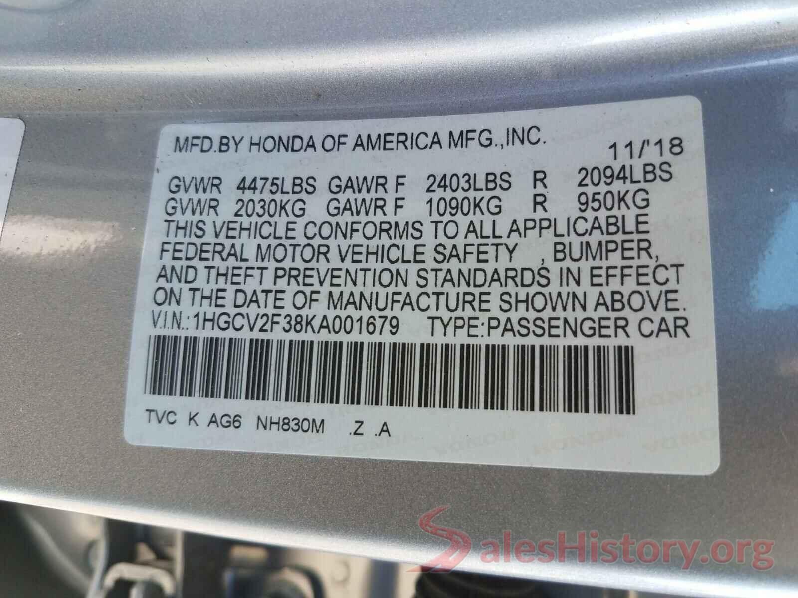 1HGCV2F38KA001679 2019 HONDA ACCORD