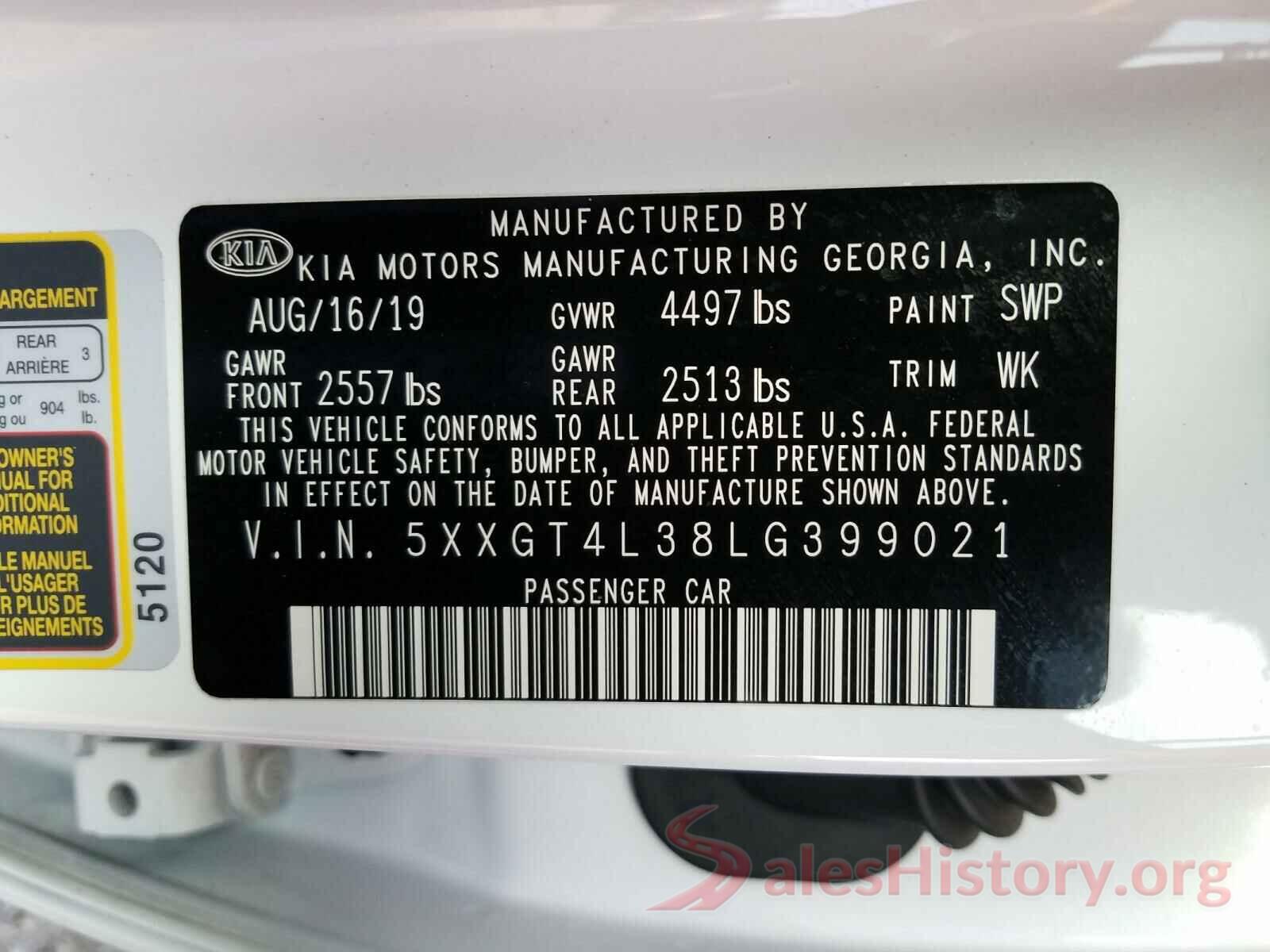 5XXGT4L38LG399021 2020 KIA OPTIMA