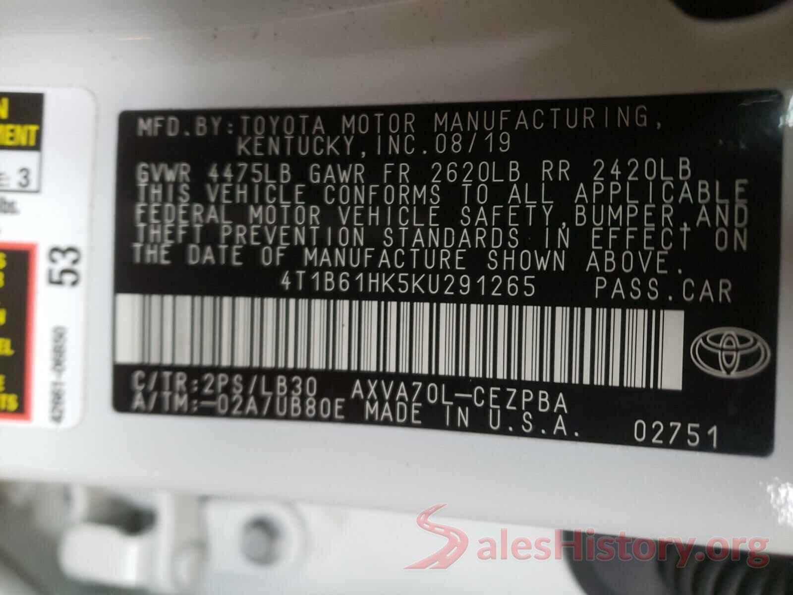 4T1B61HK5KU291265 2019 TOYOTA CAMRY