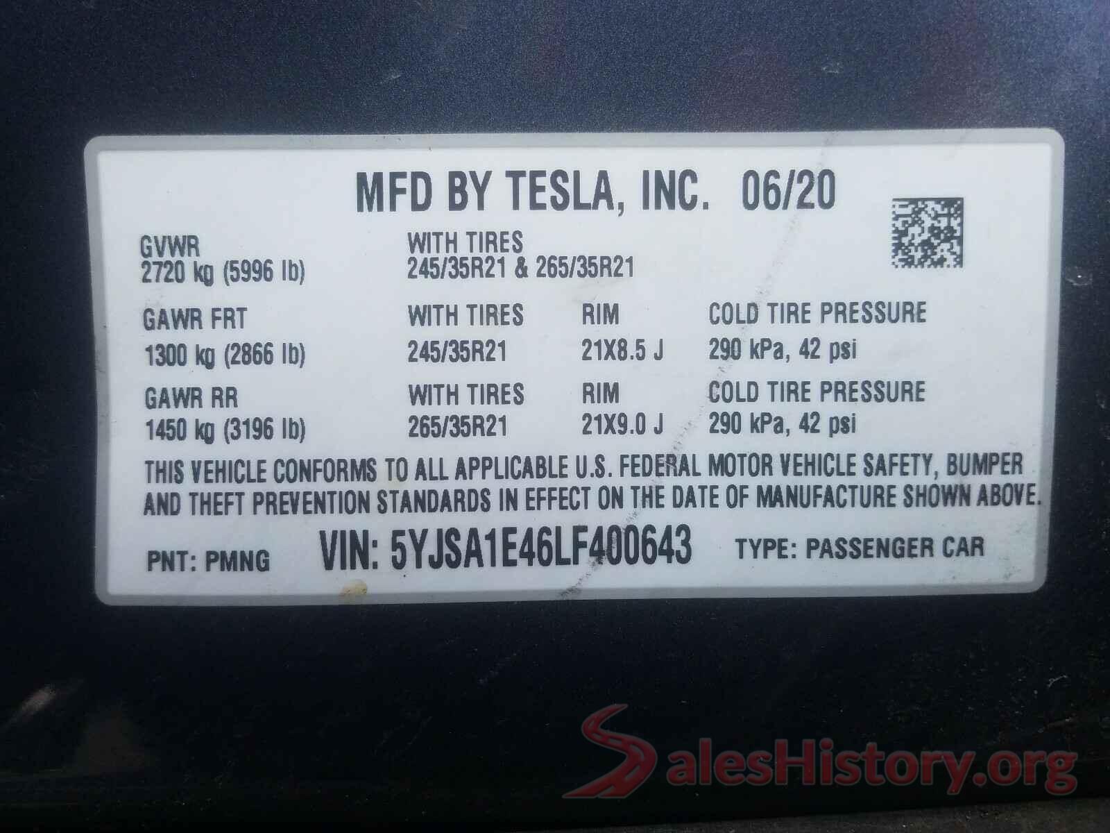 5YJSA1E46LF400643 2020 TESLA MODEL S