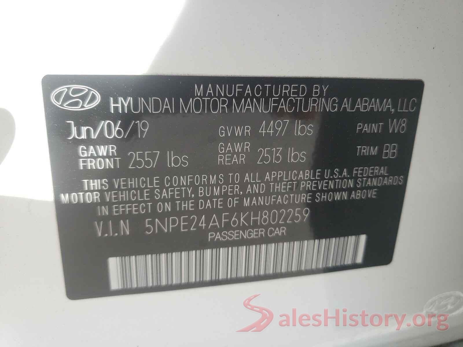 5NPE24AF6KH802259 2019 HYUNDAI SONATA