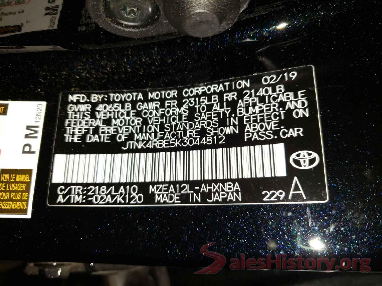 JTNK4RBE5K3044812 2019 TOYOTA COROLLA