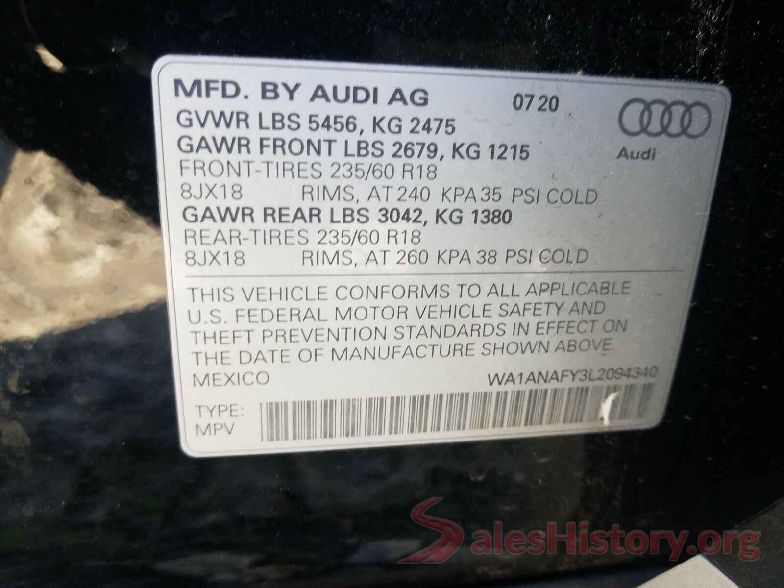 WA1ANAFY3L2094340 2020 AUDI Q5