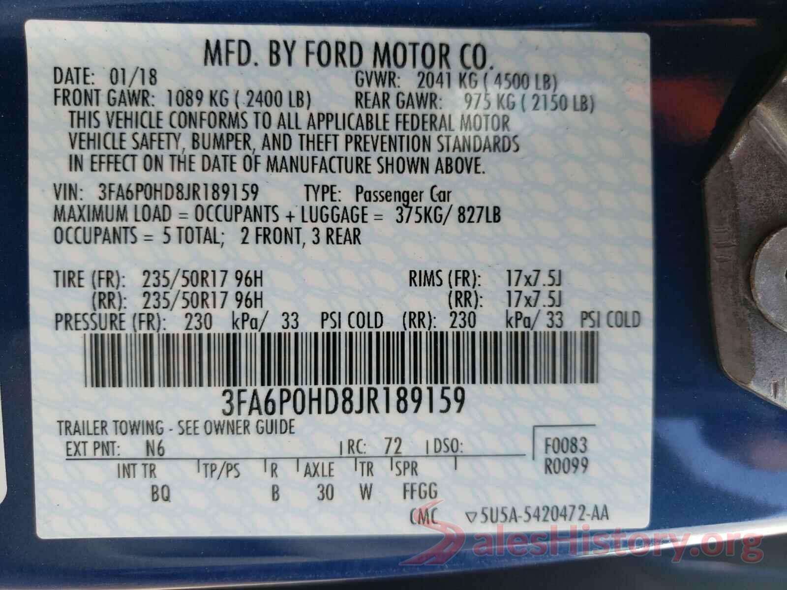 3FA6P0HD8JR189159 2018 FORD FUSION