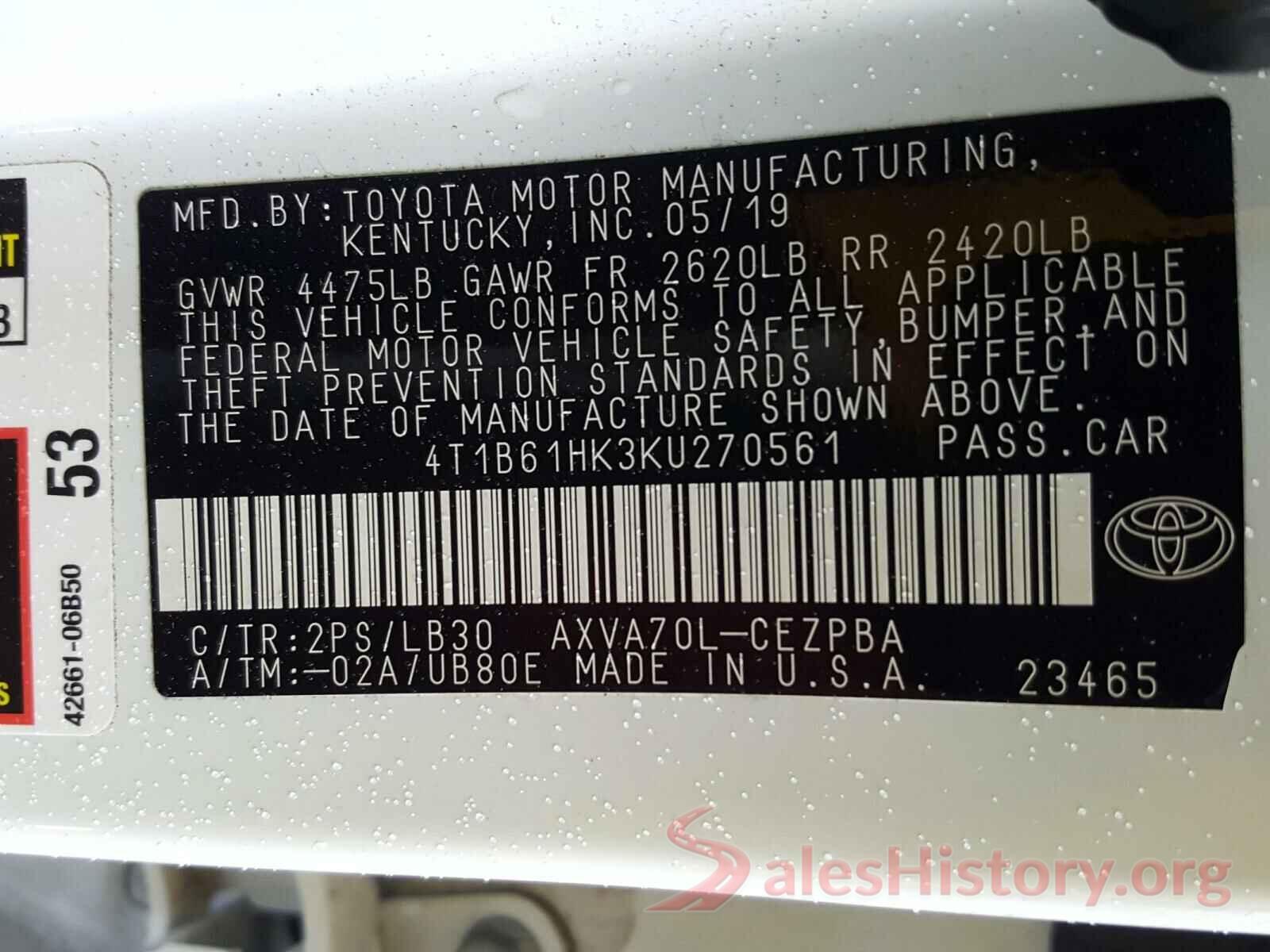 4T1B61HK3KU270561 2019 TOYOTA CAMRY