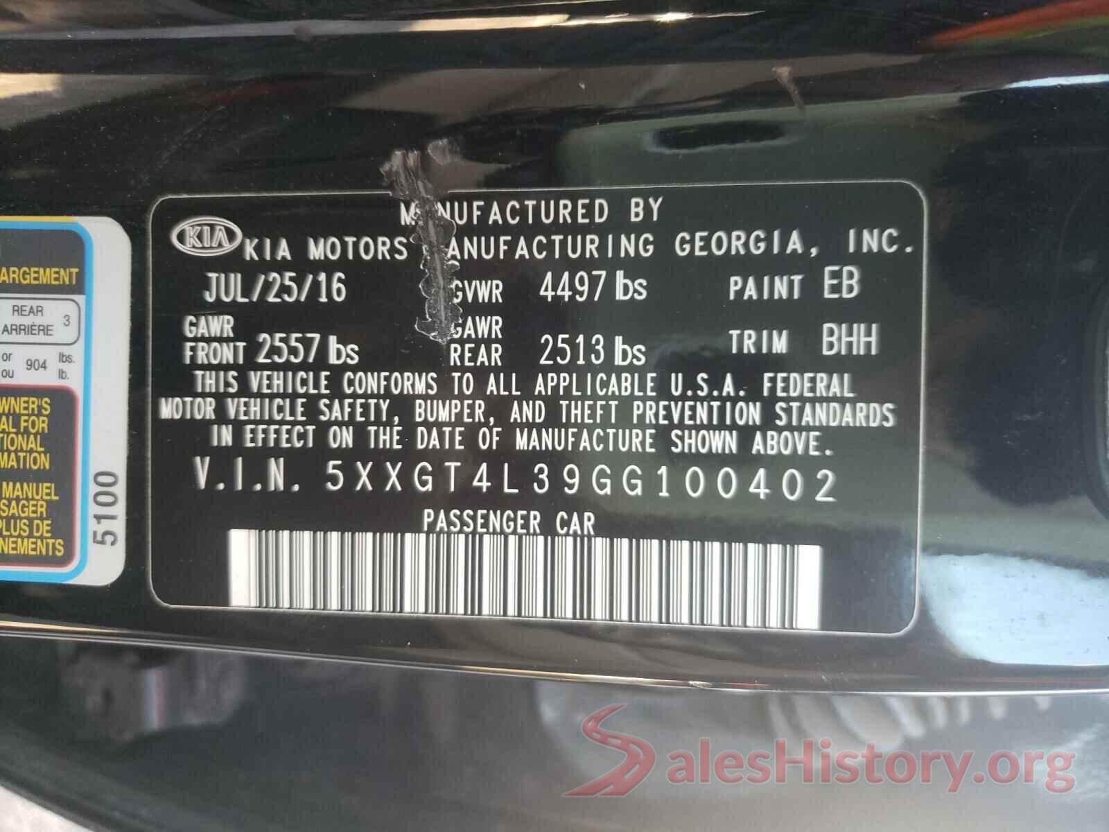 5XXGT4L39GG100402 2016 KIA OPTIMA