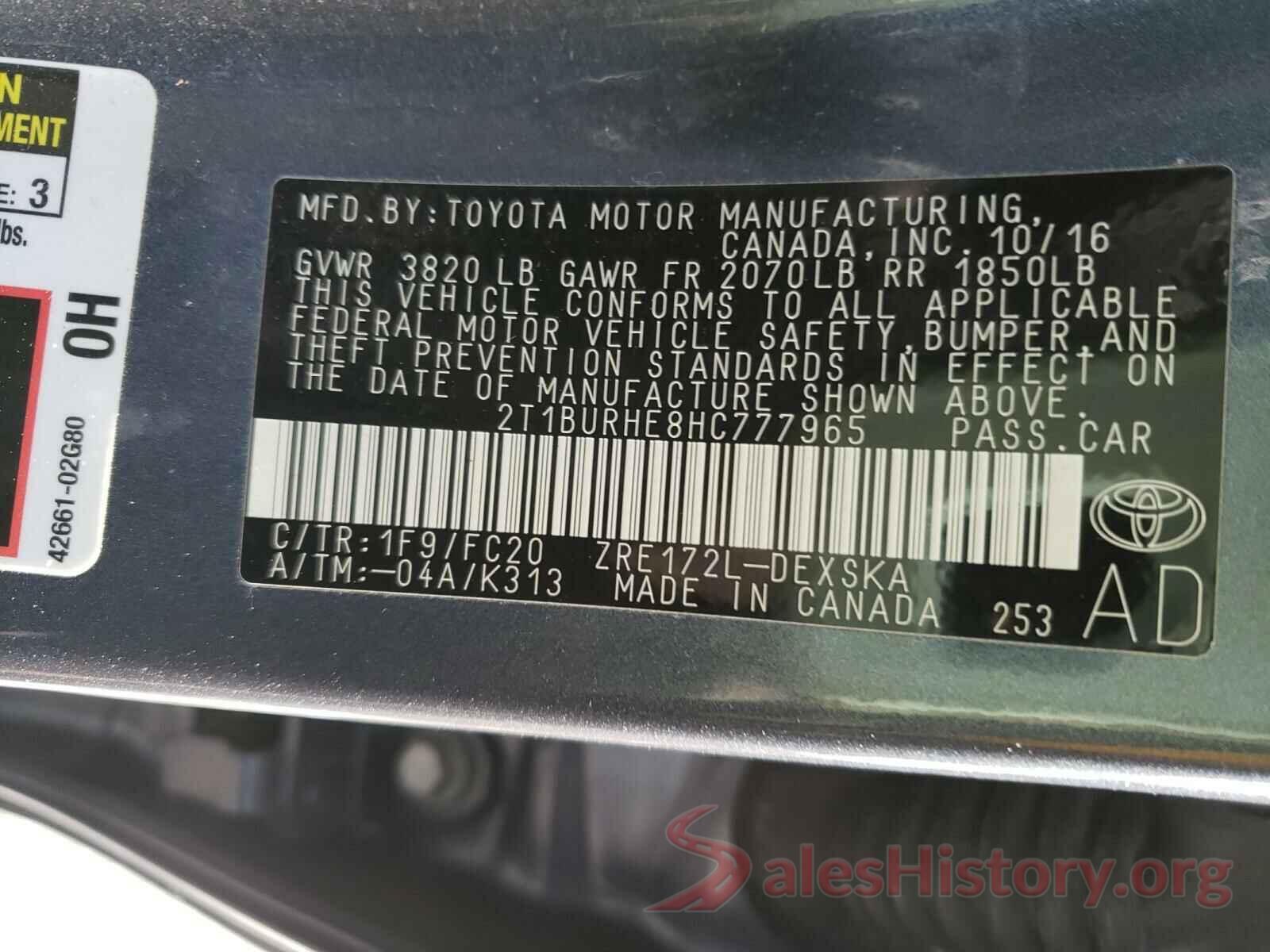 2T1BURHE8HC777965 2017 TOYOTA COROLLA