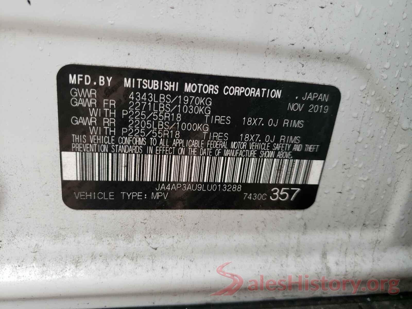 JA4AP3AU9LU013288 2020 MITSUBISHI OUTLANDER