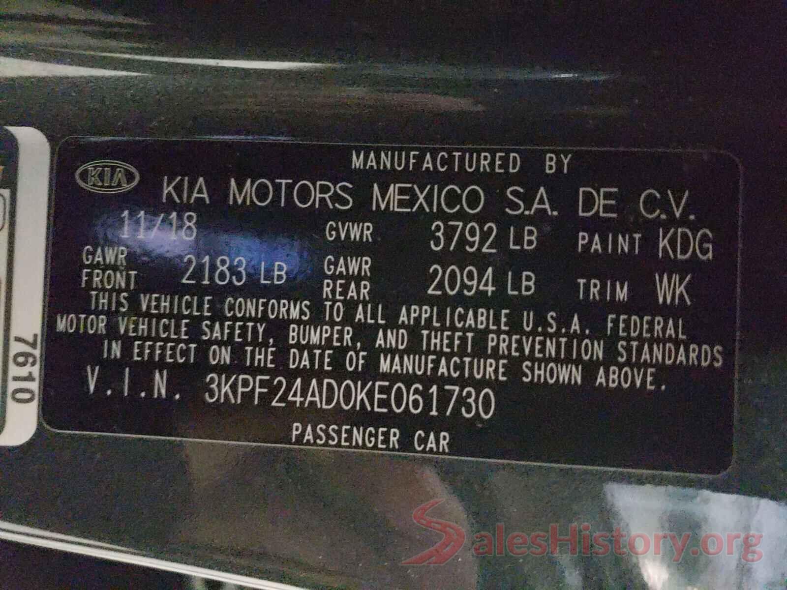 3KPF24AD0KE061730 2019 KIA FORTE