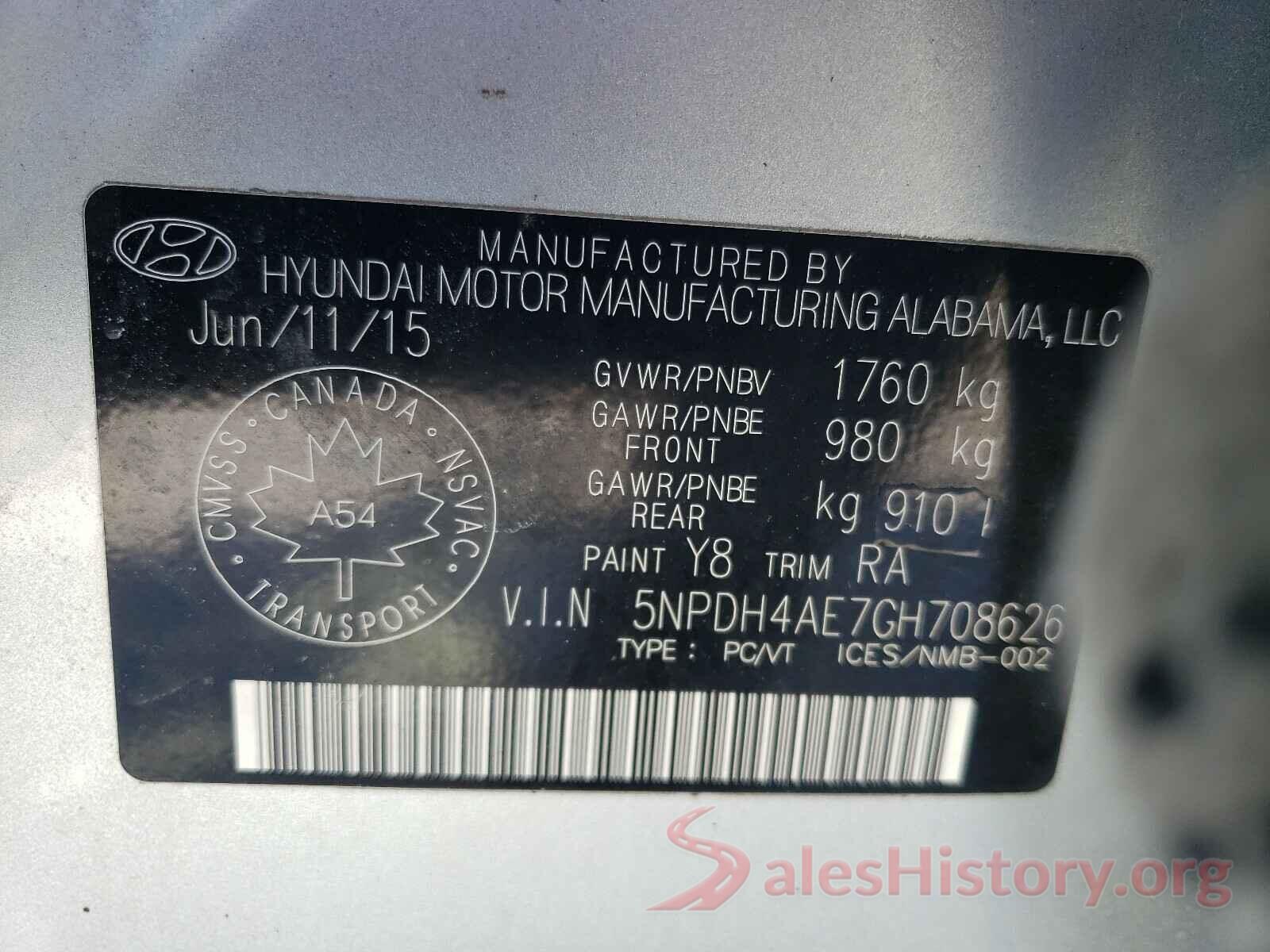 5NPDH4AE7GH708626 2016 HYUNDAI ELANTRA