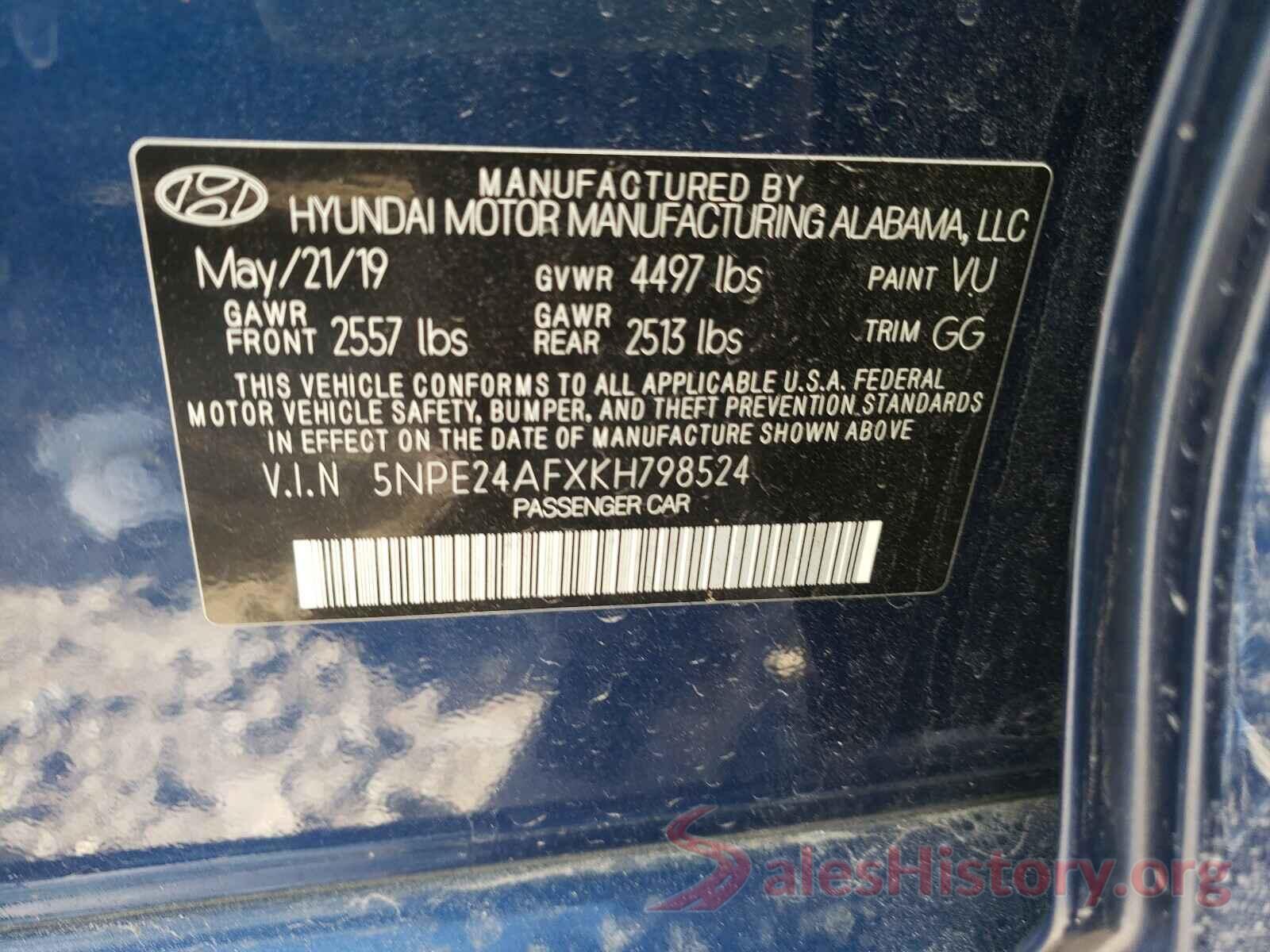 5NPE24AFXKH798524 2019 HYUNDAI SONATA