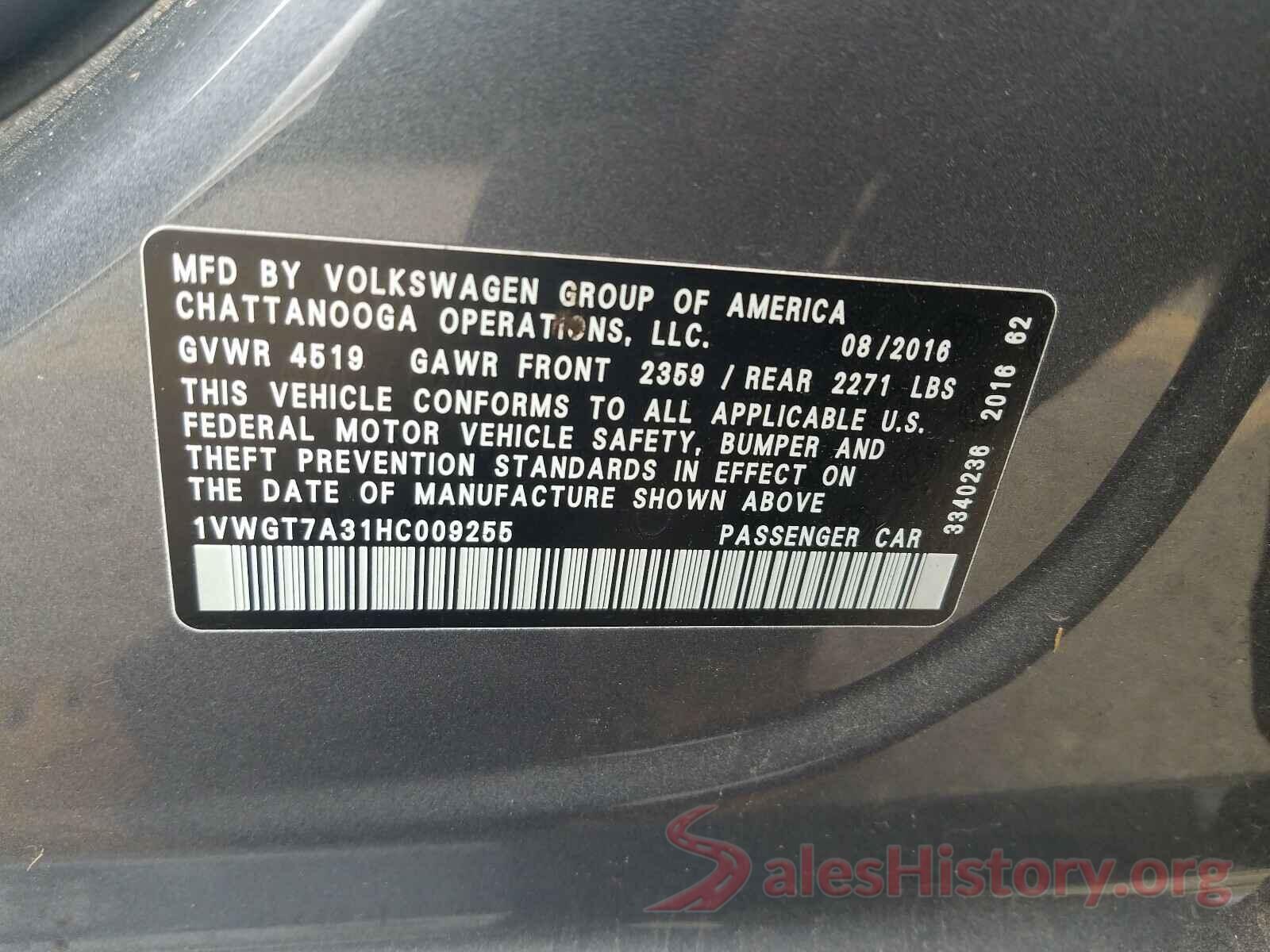 1VWGT7A31HC009255 2017 VOLKSWAGEN PASSAT