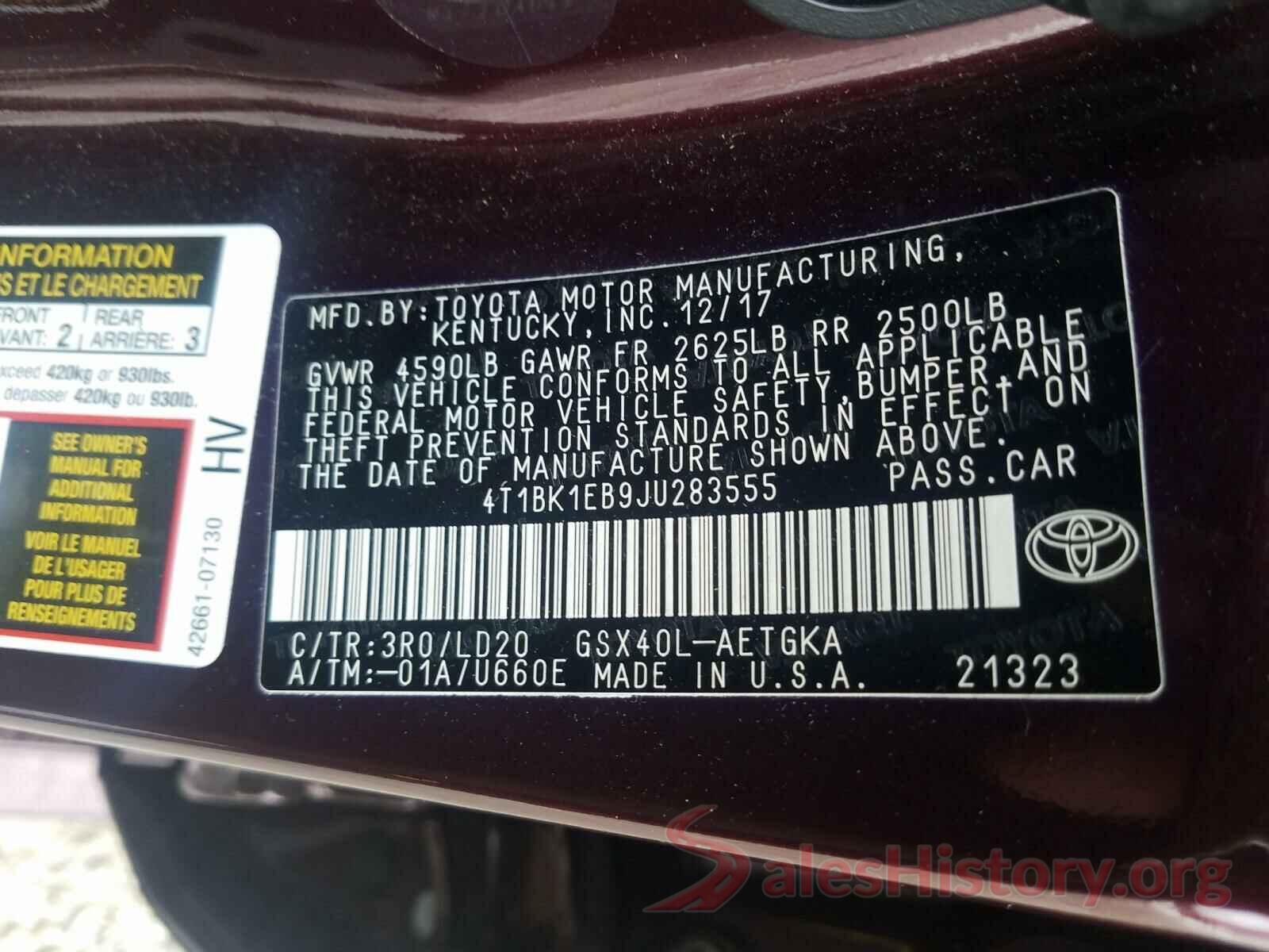 4T1BK1EB9JU283555 2018 TOYOTA AVALON