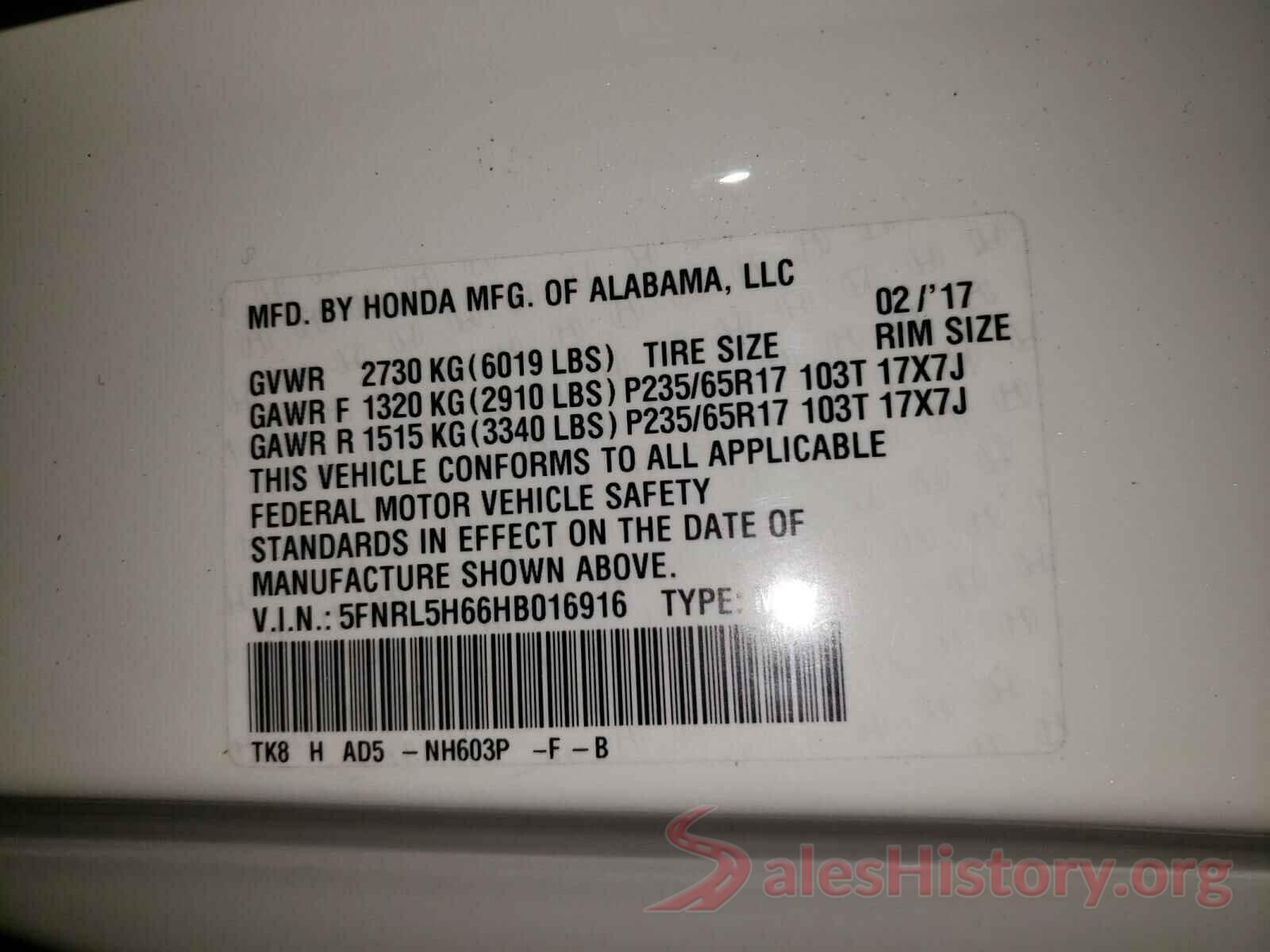 5FNRL5H66HB016916 2017 HONDA ODYSSEY