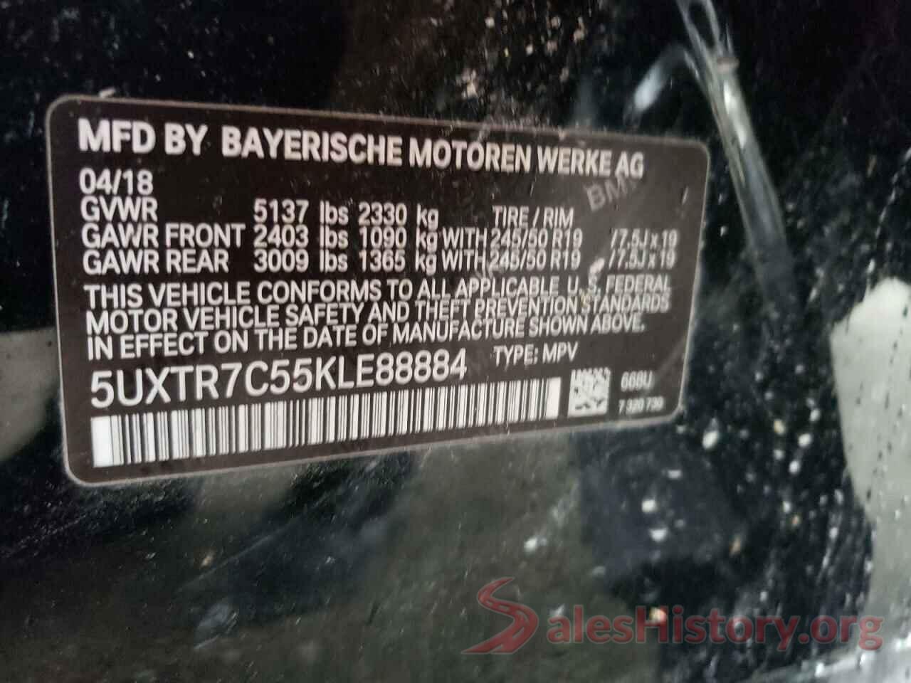 5UXTR7C55KLE88884 2019 BMW X3