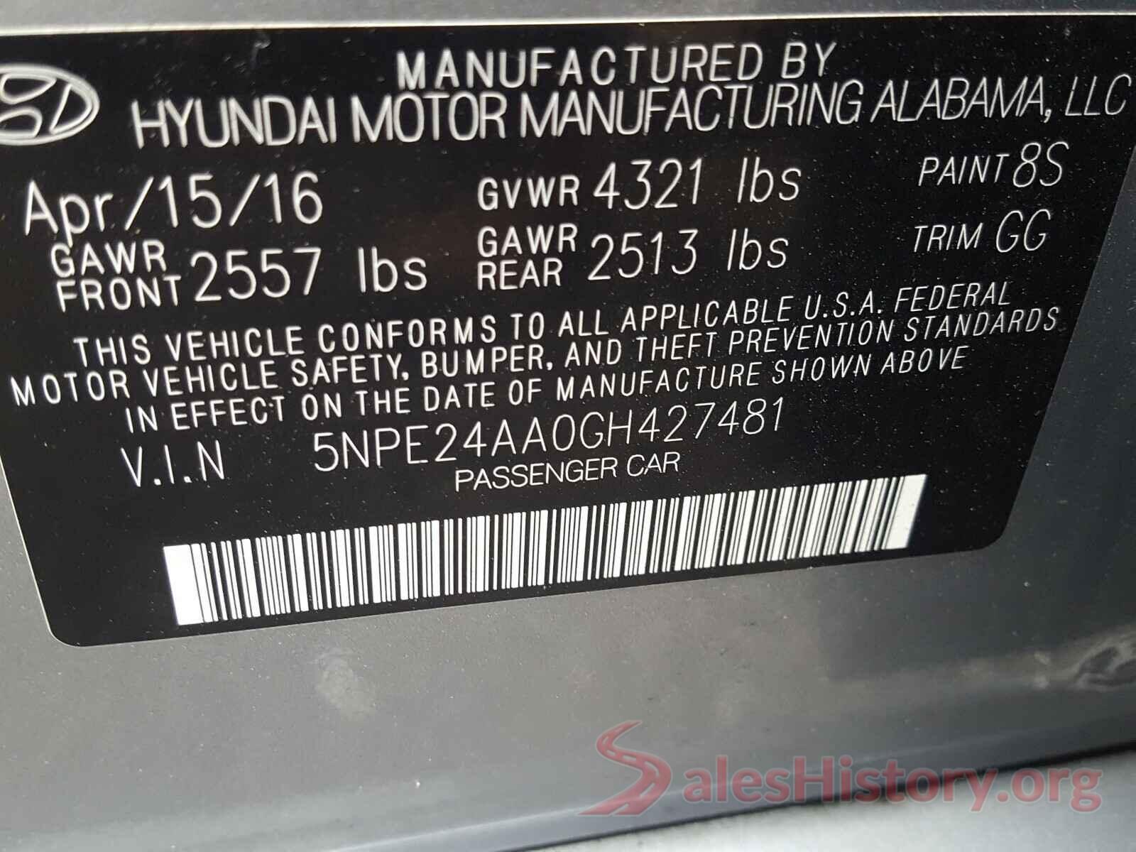 5NPE24AA0GH427481 2016 HYUNDAI SONATA