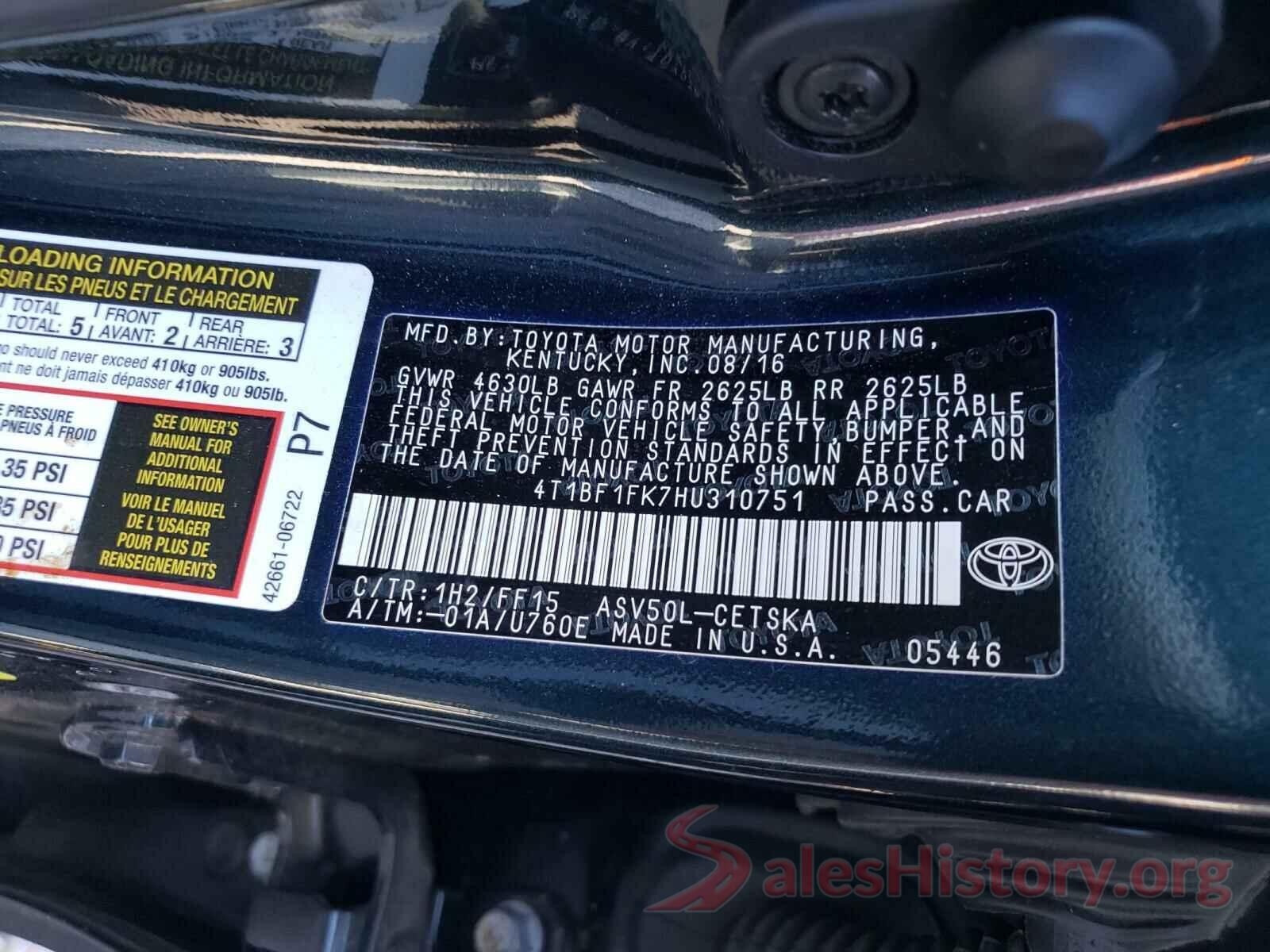 4T1BF1FK7HU310751 2017 TOYOTA CAMRY