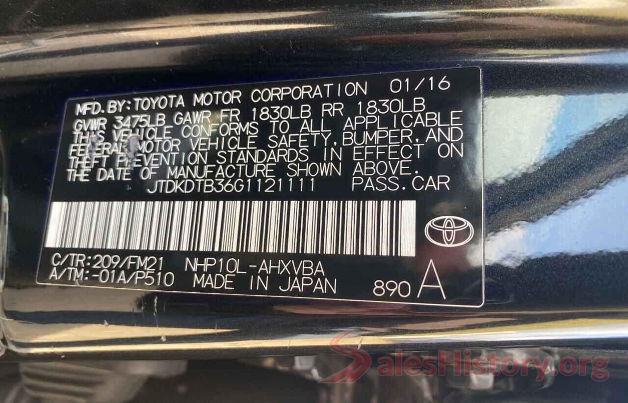 JTDKDTB36G1121111 2016 TOYOTA PRIUS