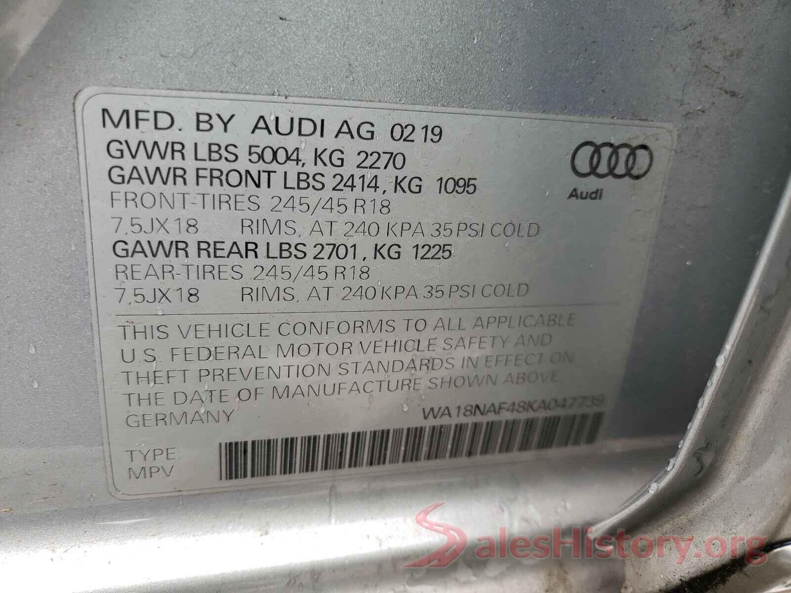 WA18NAF48KA047739 2019 AUDI A4