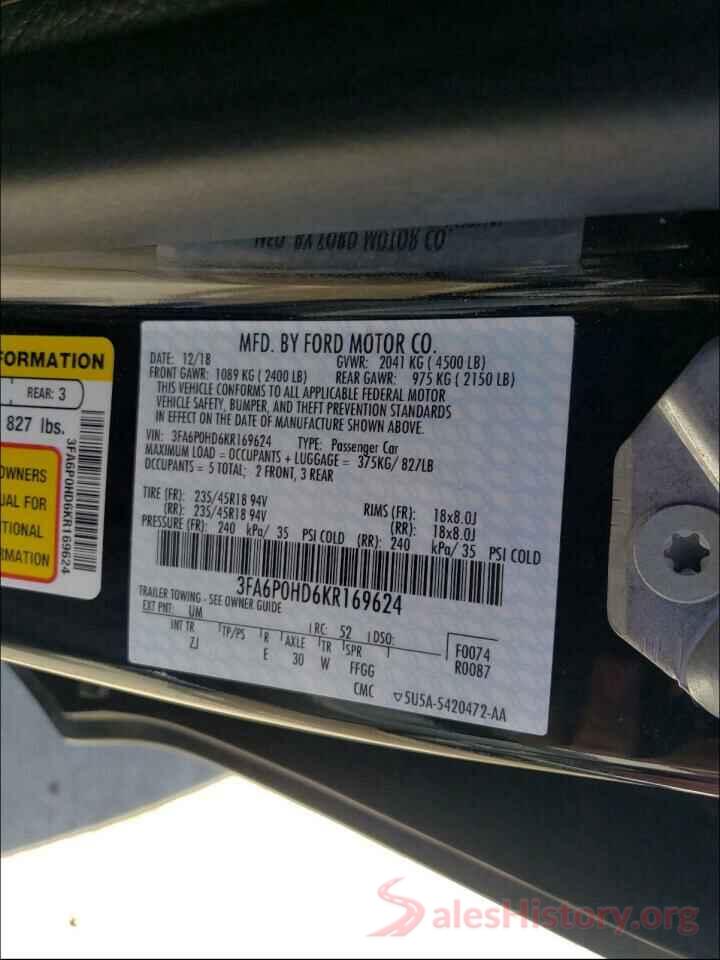 3FA6P0HD6KR169624 2019 FORD FUSION