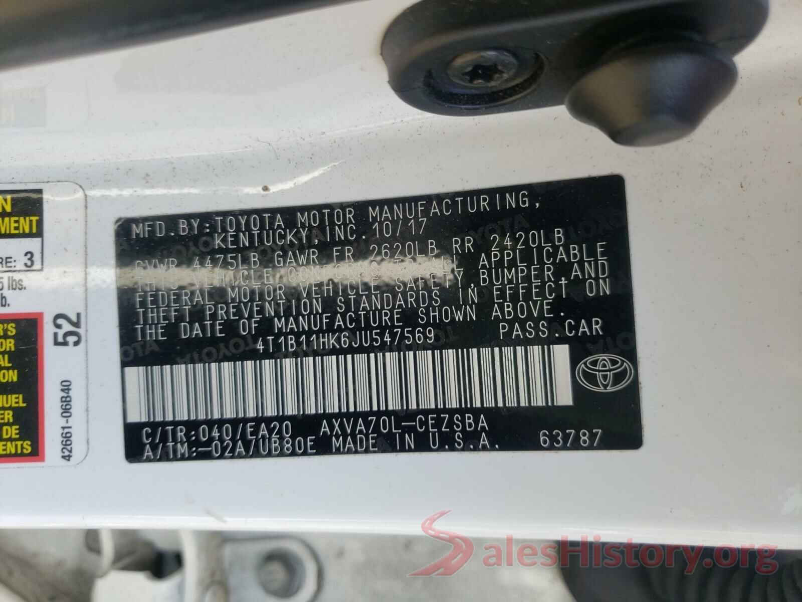 4T1B11HK6JU547569 2018 TOYOTA CAMRY