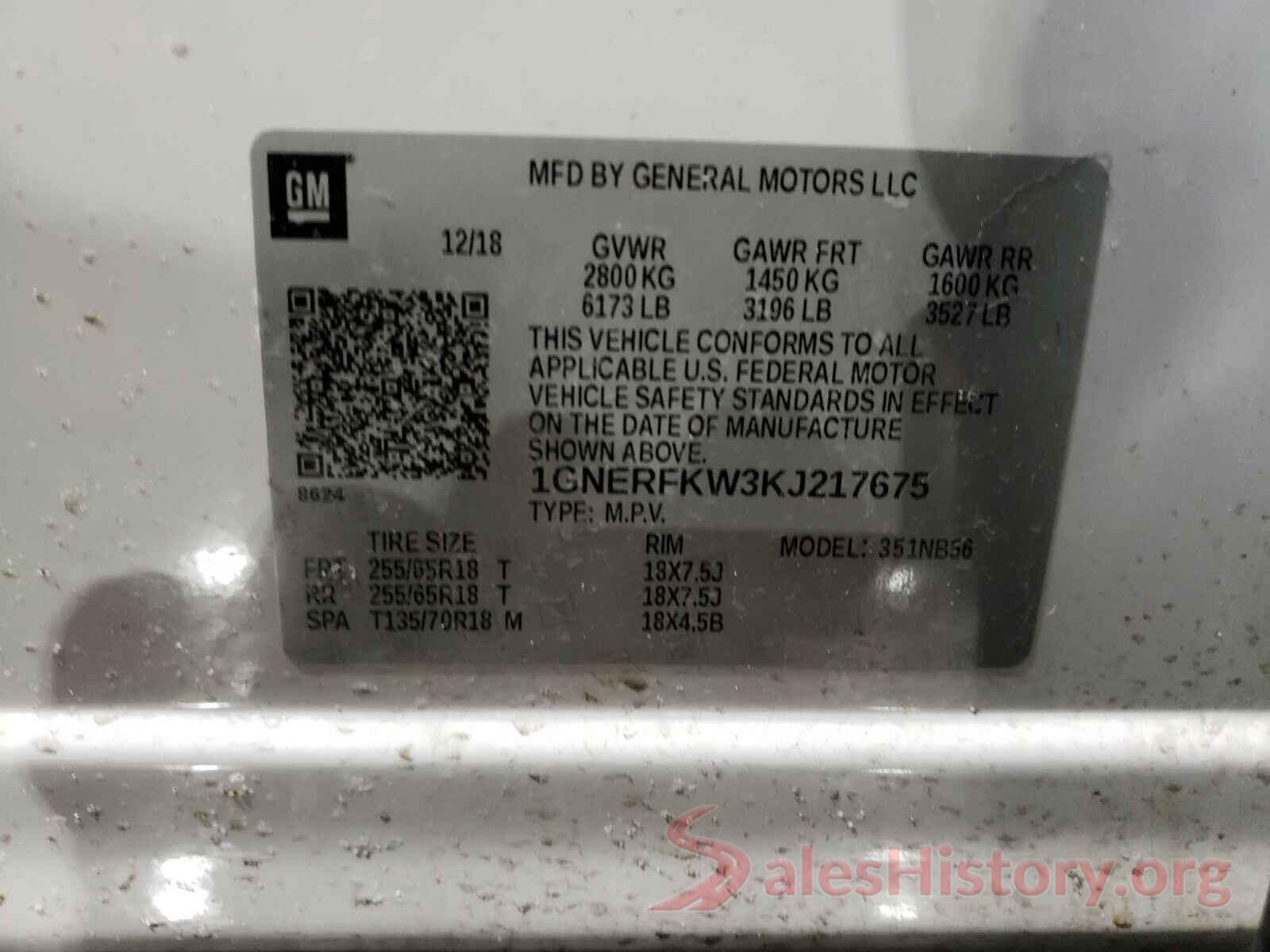 1GNERFKW3KJ217675 2019 CHEVROLET TRAVERSE