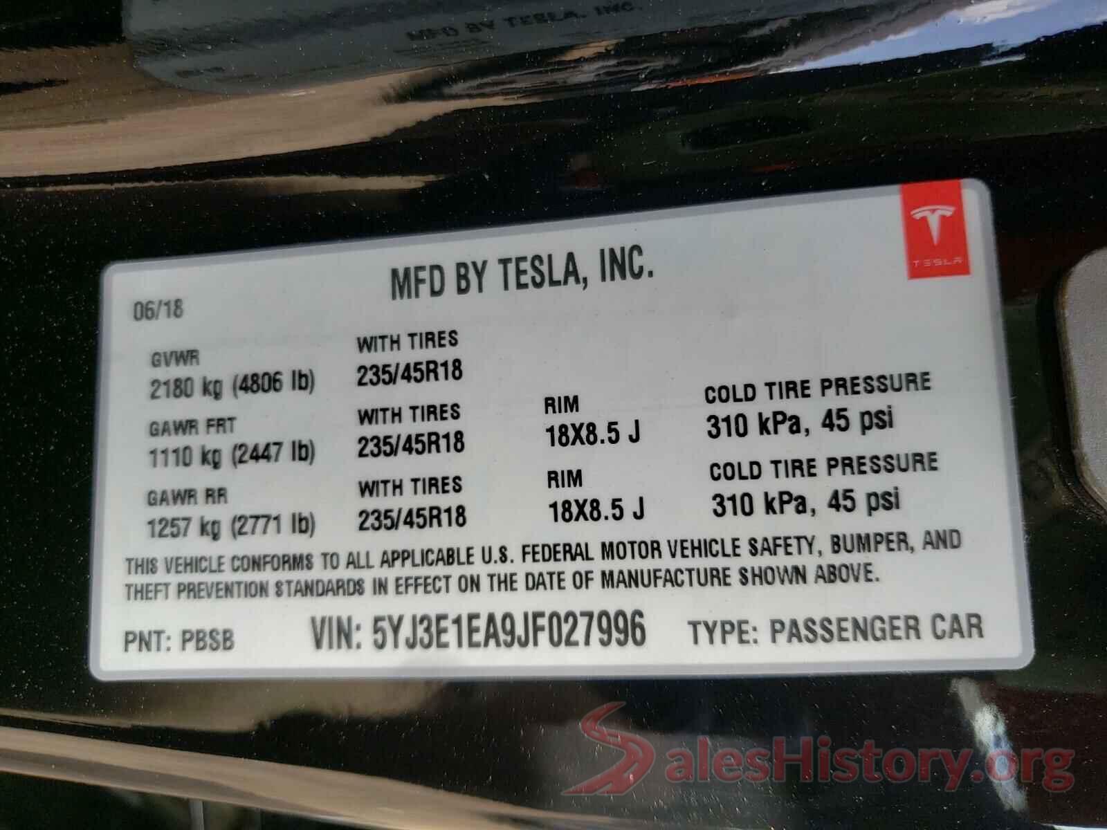 5YJ3E1EA9JF027996 2018 TESLA MODEL 3