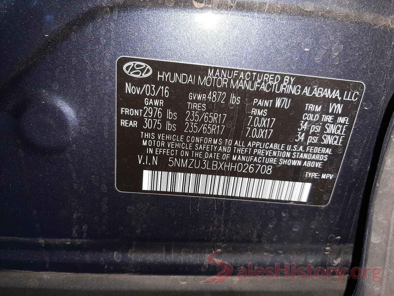 5NMZU3LBXHH026708 2017 HYUNDAI SANTA FE