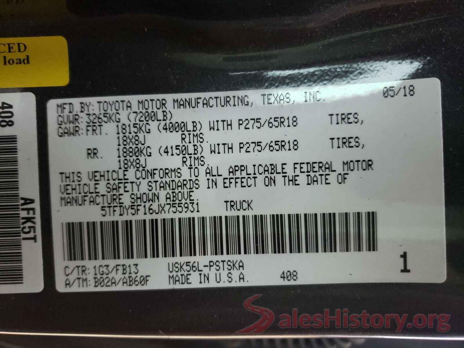 5TFDY5F16JX755931 2018 TOYOTA TUNDRA