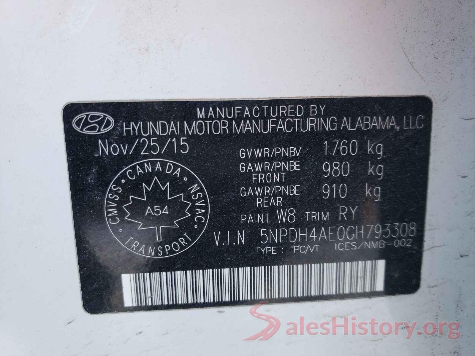 5NPDH4AE0GH793308 2016 HYUNDAI ELANTRA