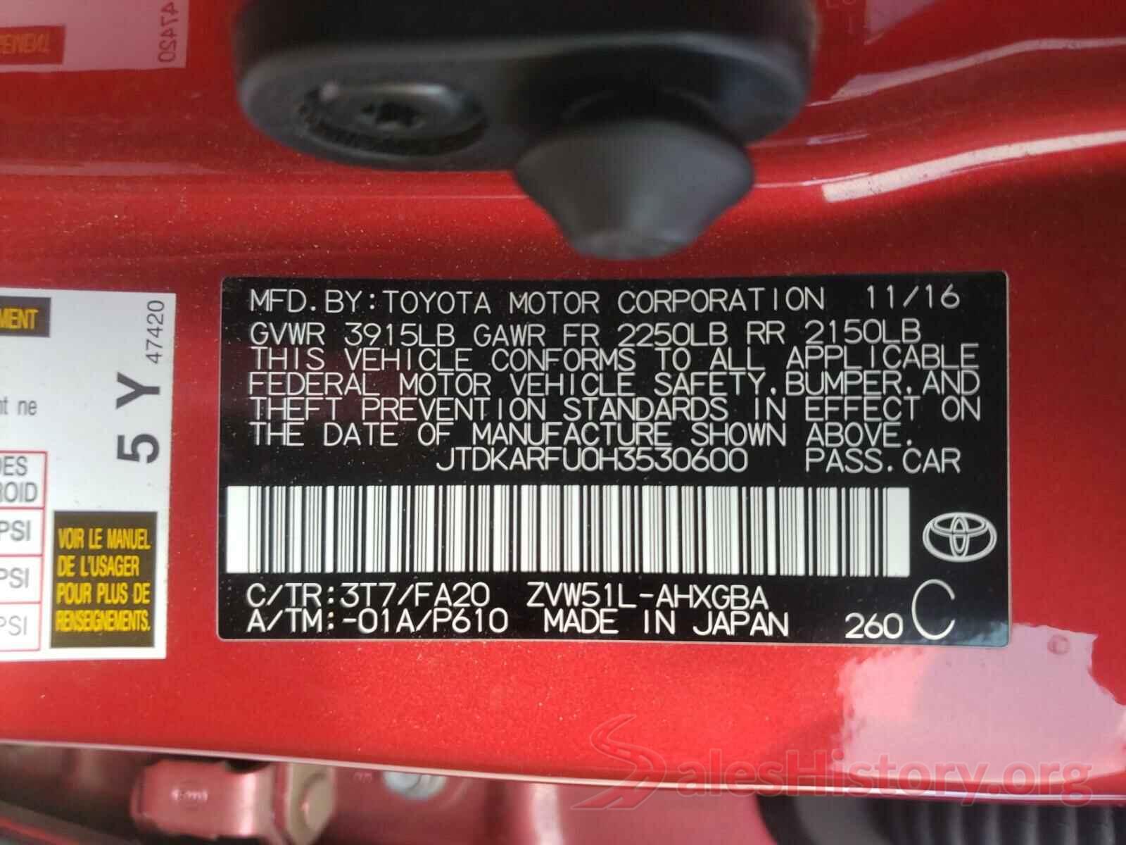 JTDKARFU0H3530600 2017 TOYOTA PRIUS