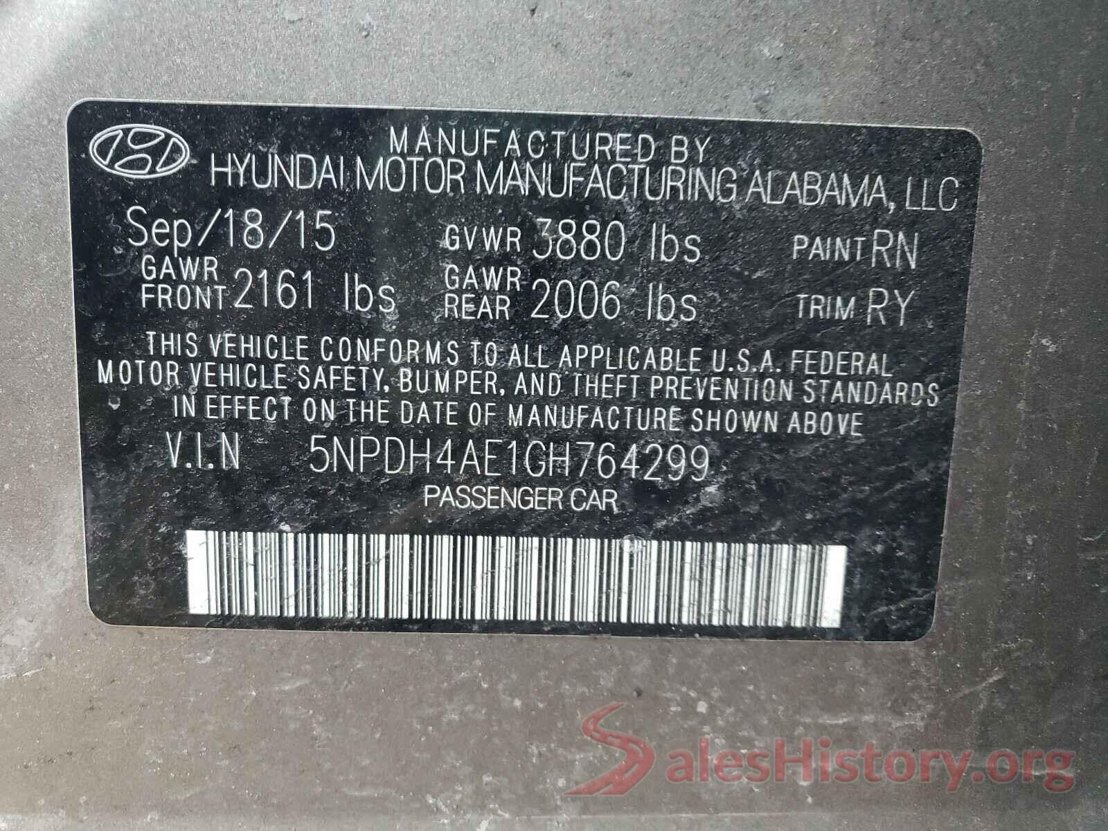 5NPDH4AE1GH764299 2016 HYUNDAI ELANTRA