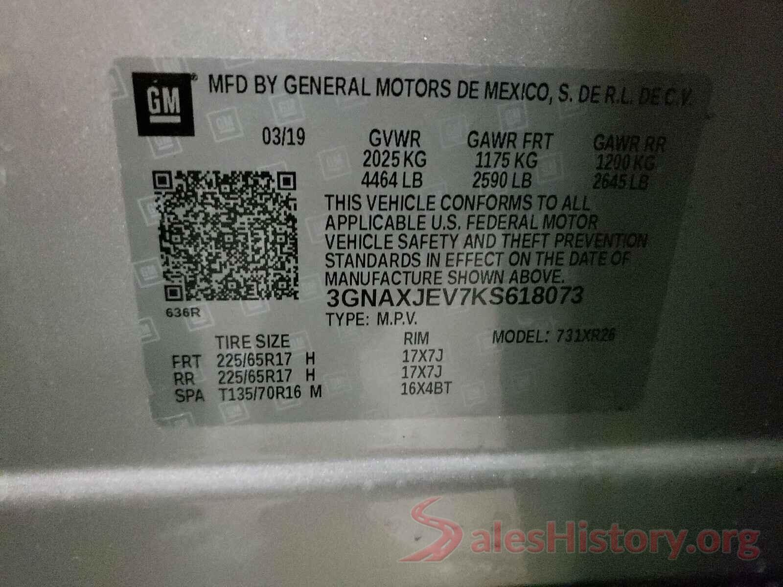 3GNAXJEV7KS618073 2019 CHEVROLET EQUINOX