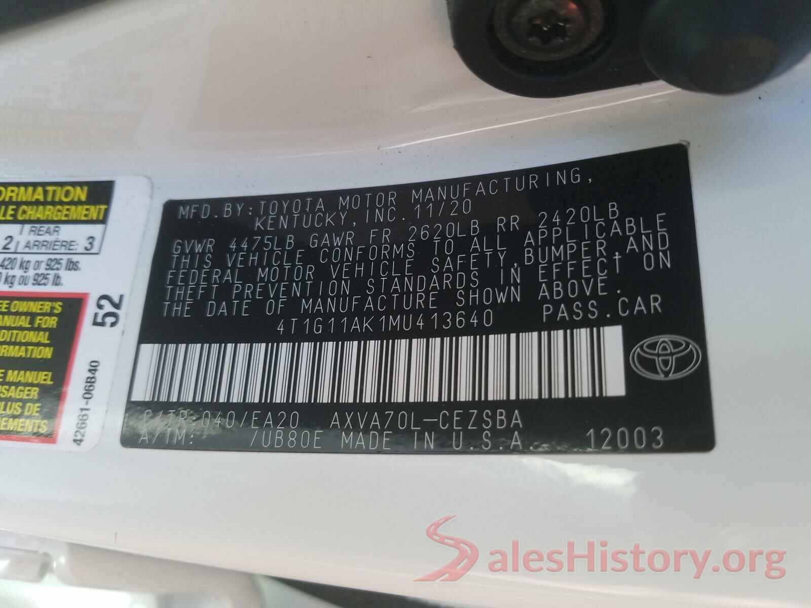 4T1G11AK1MU413640 2021 TOYOTA CAMRY