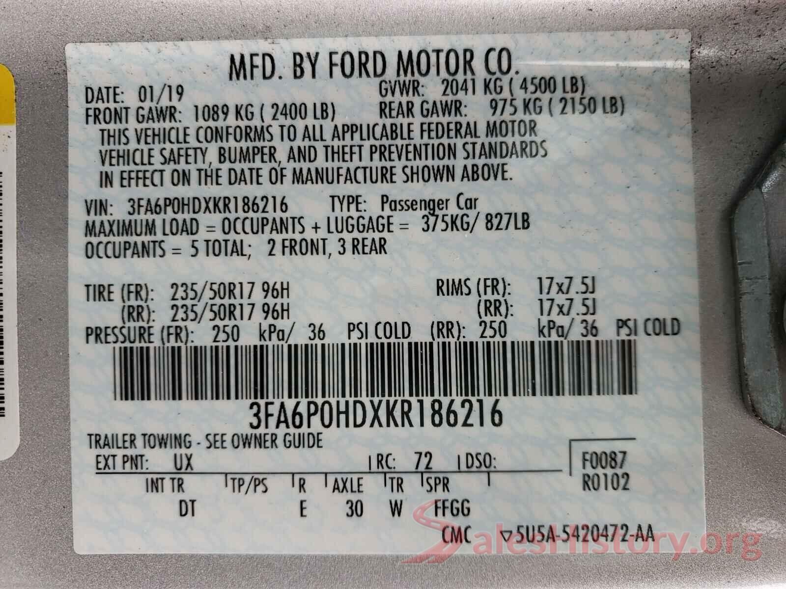 3FA6P0HDXKR186216 2019 FORD FUSION