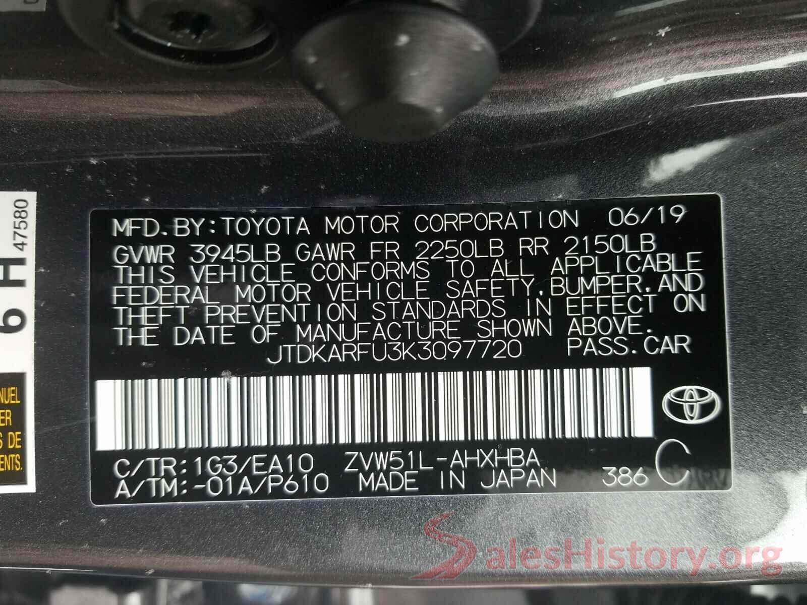 JTDKARFU3K3097720 2019 TOYOTA PRIUS