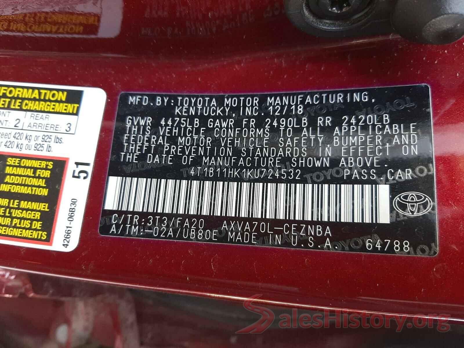 4T1B11HK1KU724532 2019 TOYOTA CAMRY