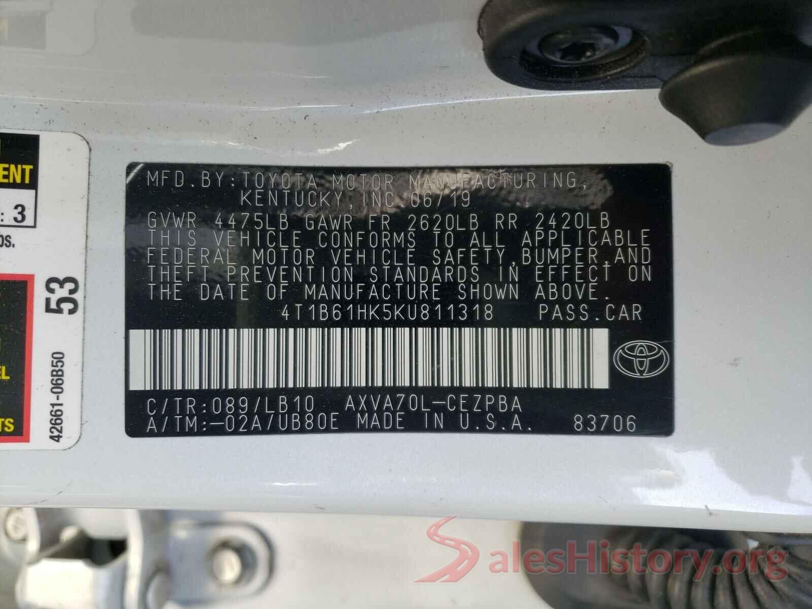 4T1B61HK5KU811318 2019 TOYOTA CAMRY