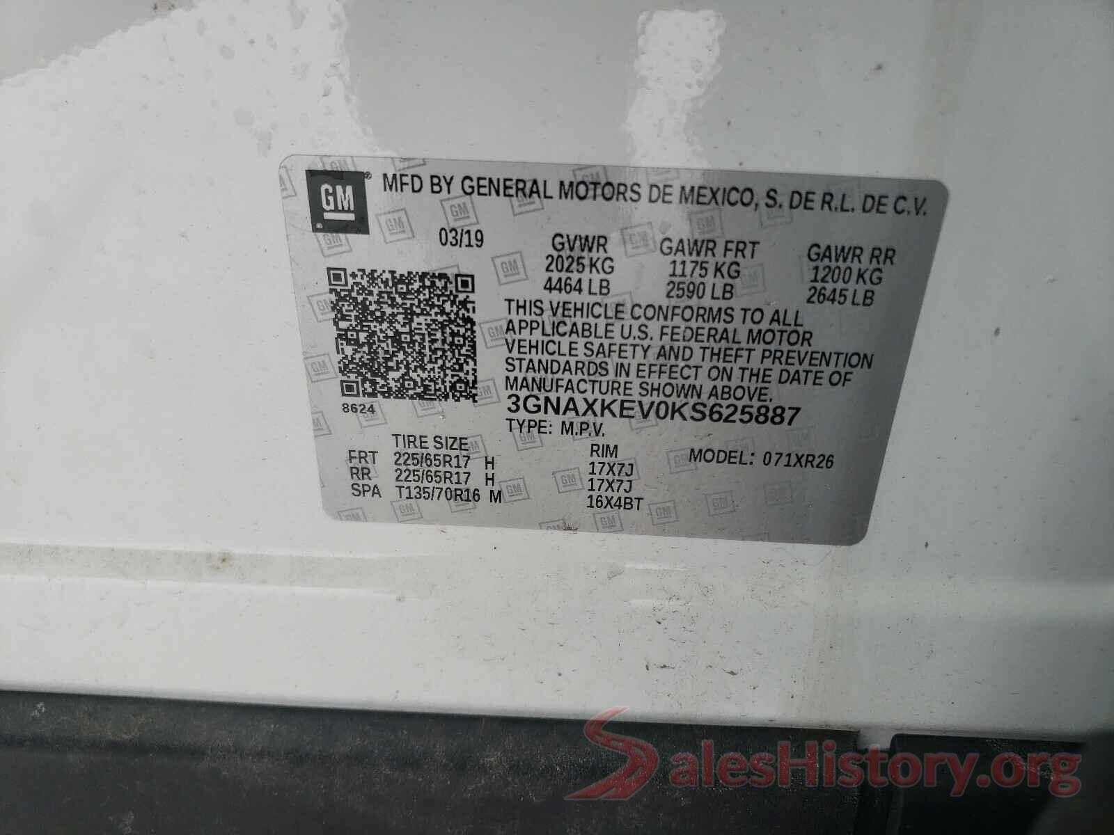 3GNAXKEV0KS625887 2019 CHEVROLET EQUINOX