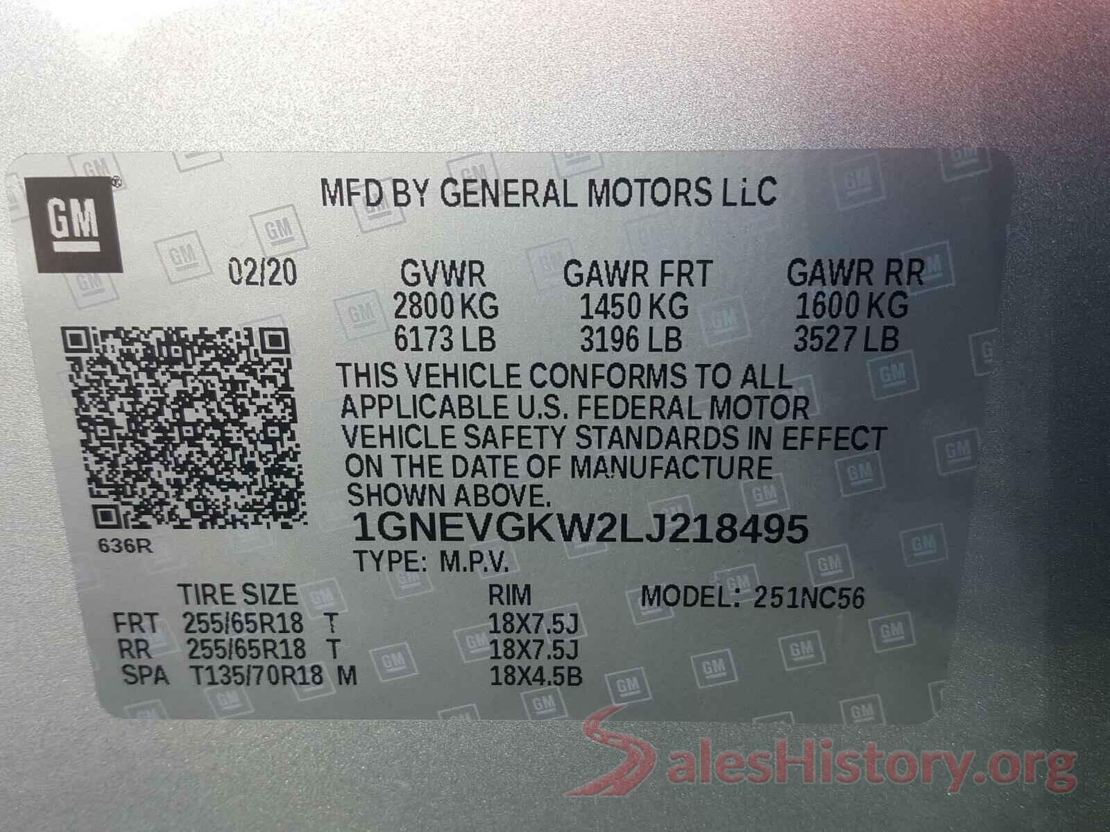 1GNEVGKW2LJ218495 2020 CHEVROLET TRAVERSE