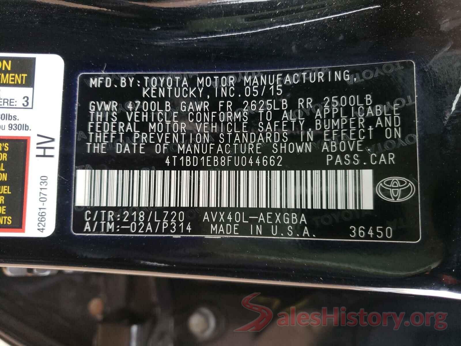 4T1BD1EB8FU044662 2015 TOYOTA AVALON