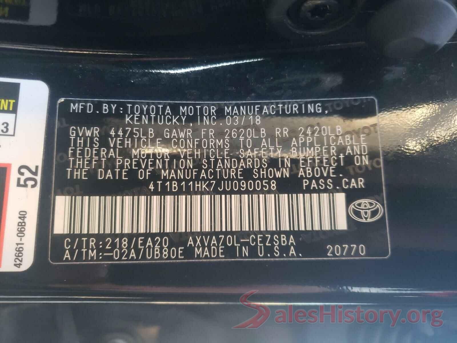 4T1B11HK7JU090058 2018 TOYOTA CAMRY