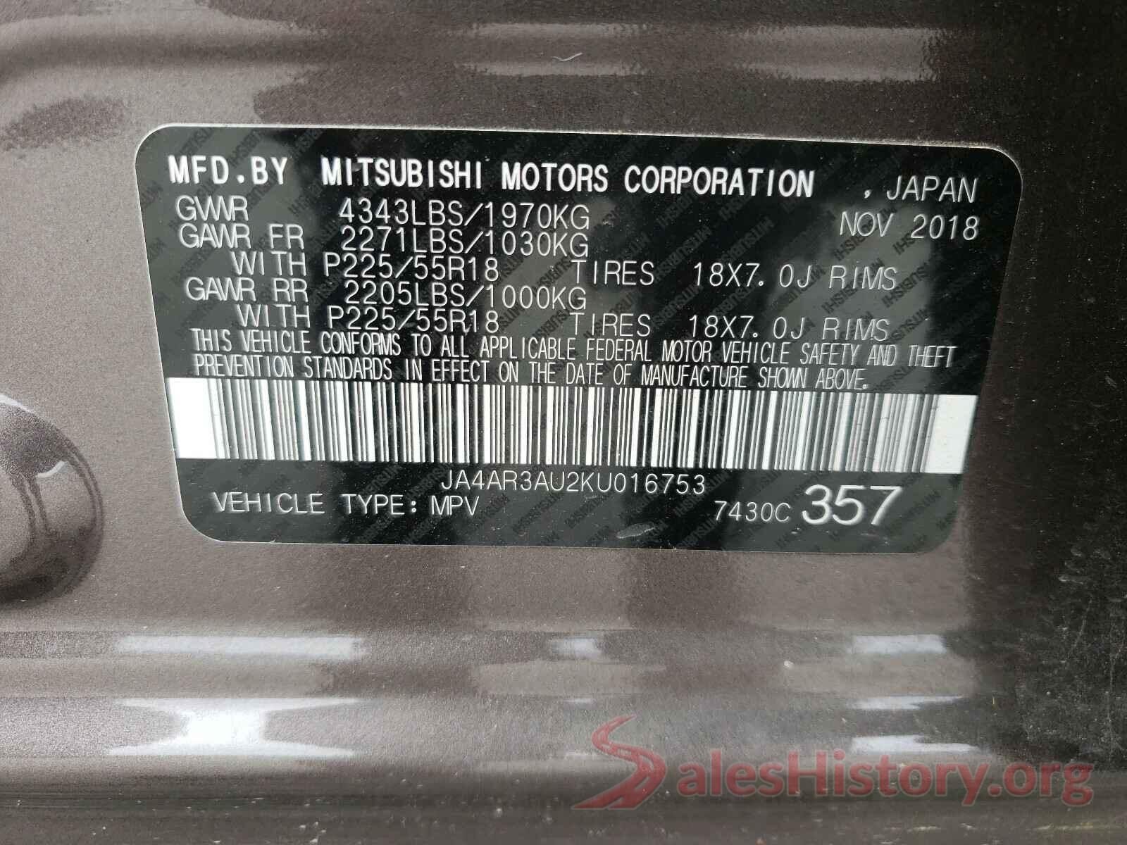 JA4AR3AU2KU016753 2019 MITSUBISHI OUTLANDER