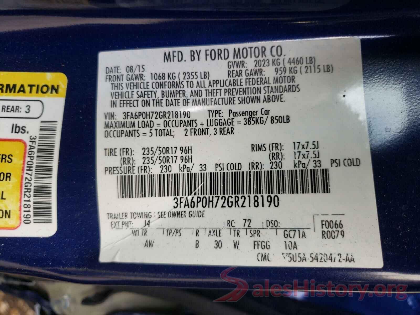 3FA6P0H72GR218190 2016 FORD FUSION