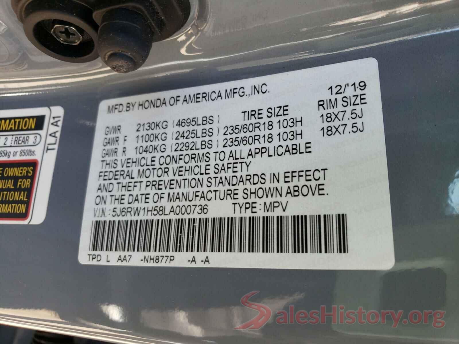 5J6RW1H58LA000736 2020 HONDA CRV